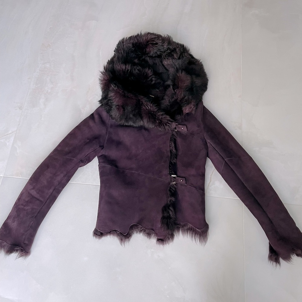 $1800 French genuine fur shearling jacket coat maroon deep purple Sz 2 (4) small